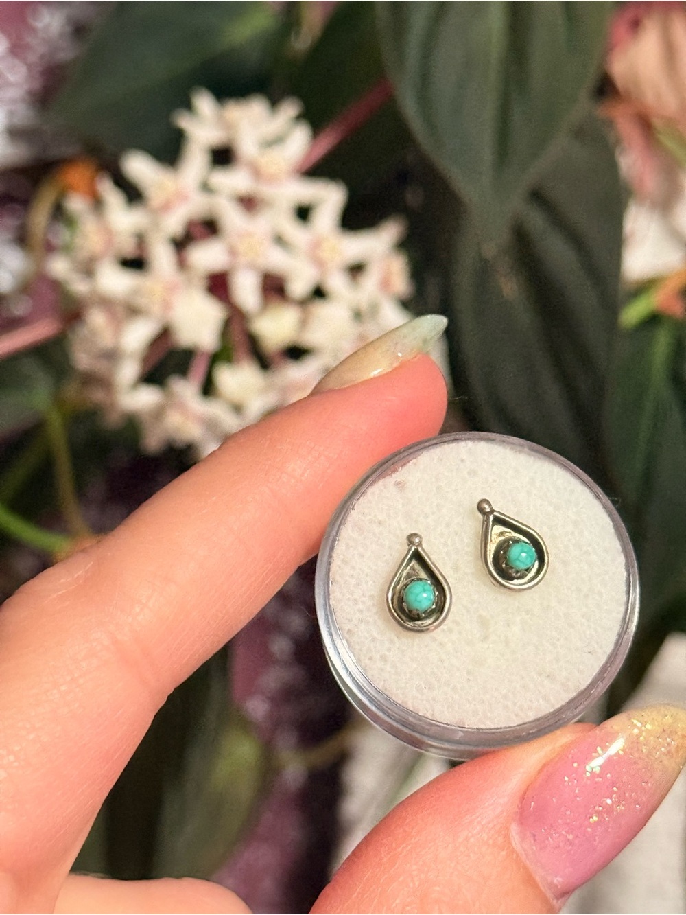 Vintage Southwestern Teardrop Shadow Box Turquoise Stud Earrings Sterling Silver - Picture 7 of 8